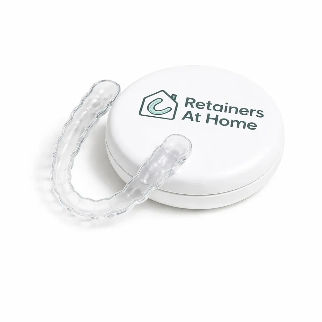 Custom-fit clear Essix retainer displayed in premium protective case, showing transparent dental-grade material