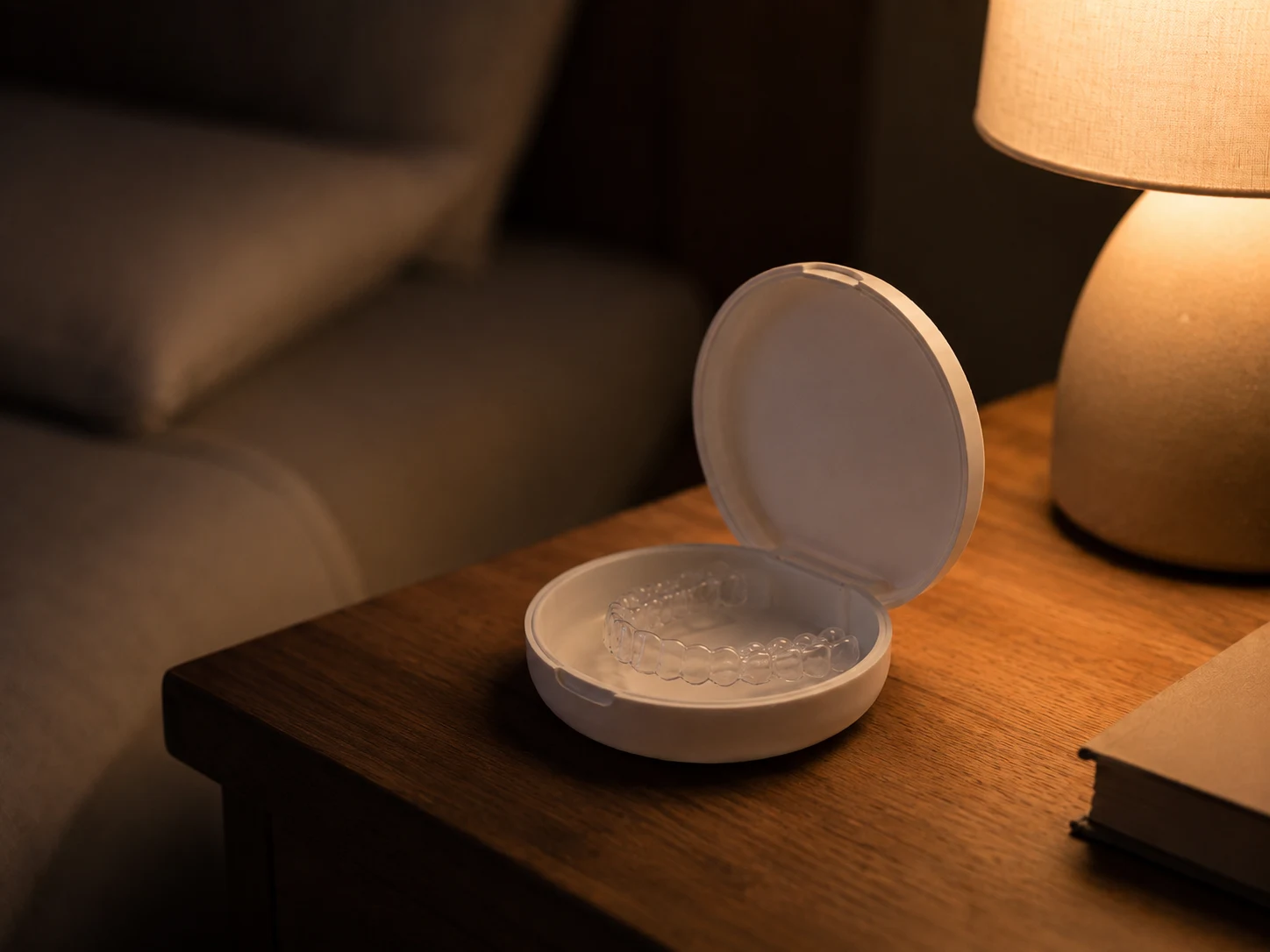 How long to wear a retainer: a clear retainer in its case on a bedside table for nightly wear