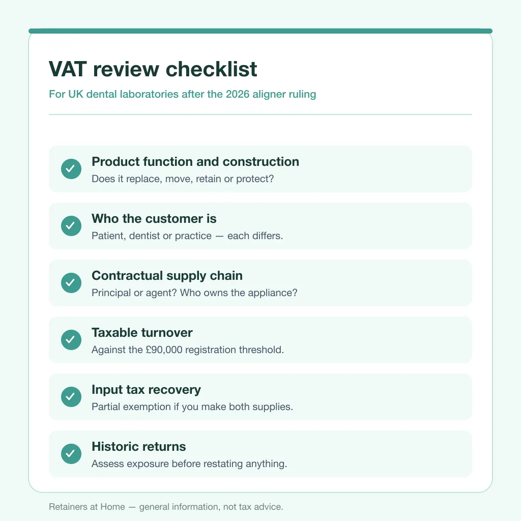 Checklist of VAT review steps for UK dental laboratories after the 2026 aligner ruling