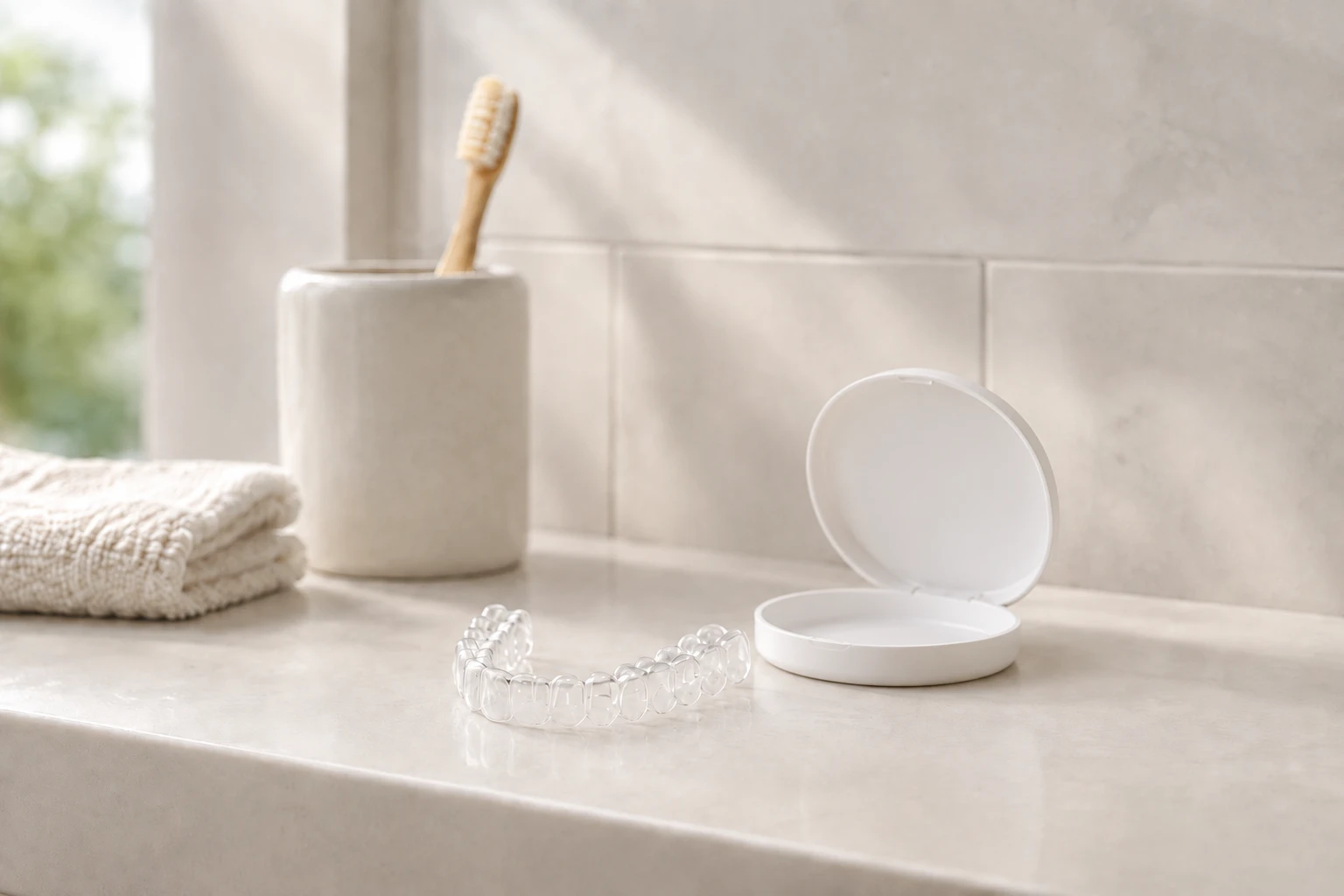 How long to wear a retainer: a clear retainer and case on a bathroom shelf as part of a daily routine