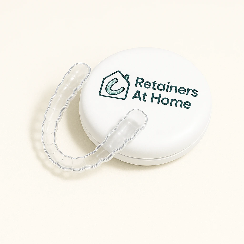 Clear Essix retainer with Retainers At Home branded storage case UK