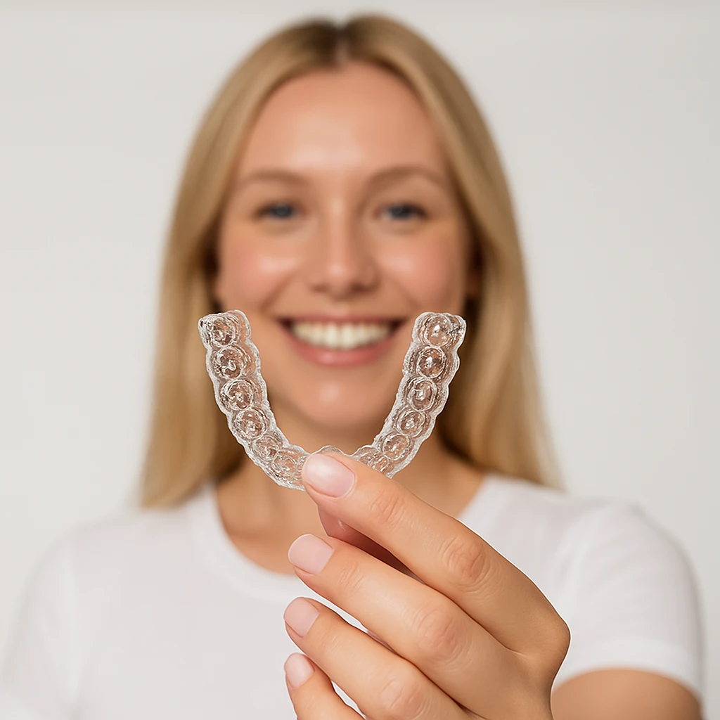 Woman holding clear dental retainer — comfortable and discreet replacement retainer UK