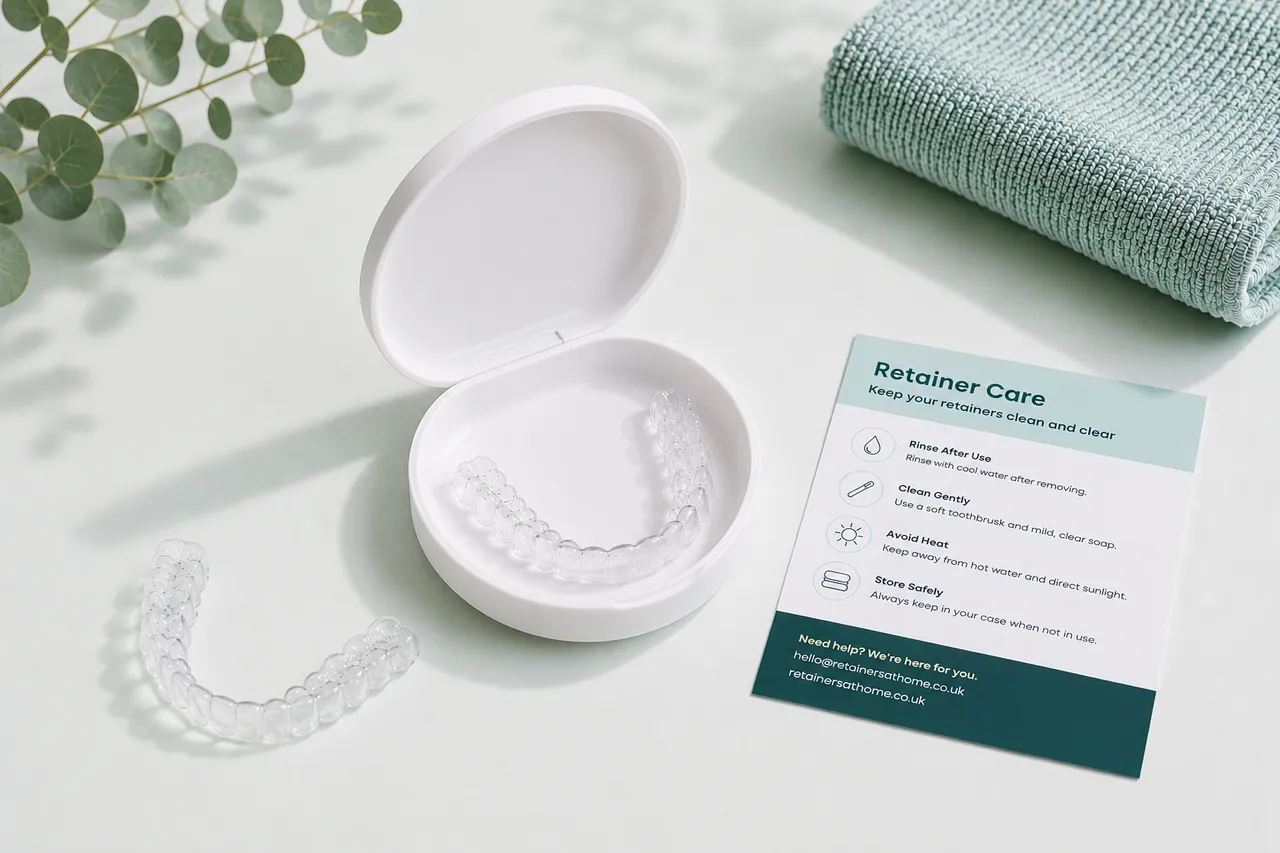 Clear retainers delivered in a branded case with care instructions