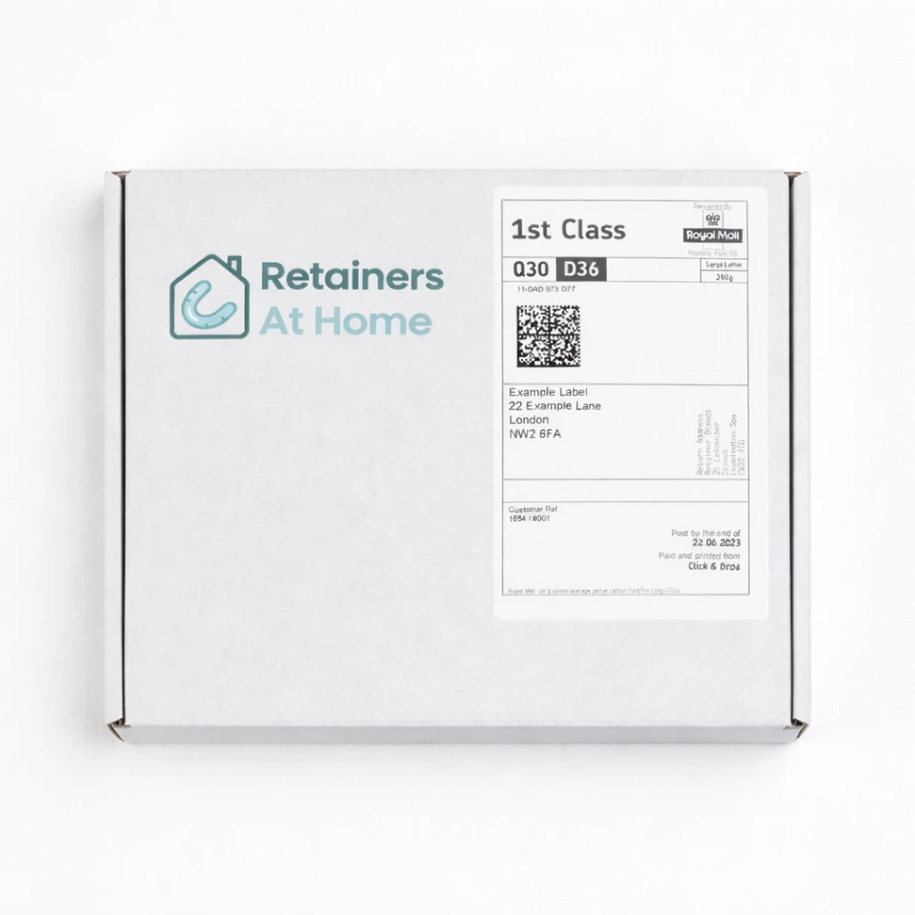 Dental impression kit UK packaging — top view with Royal Mail 1st Class label