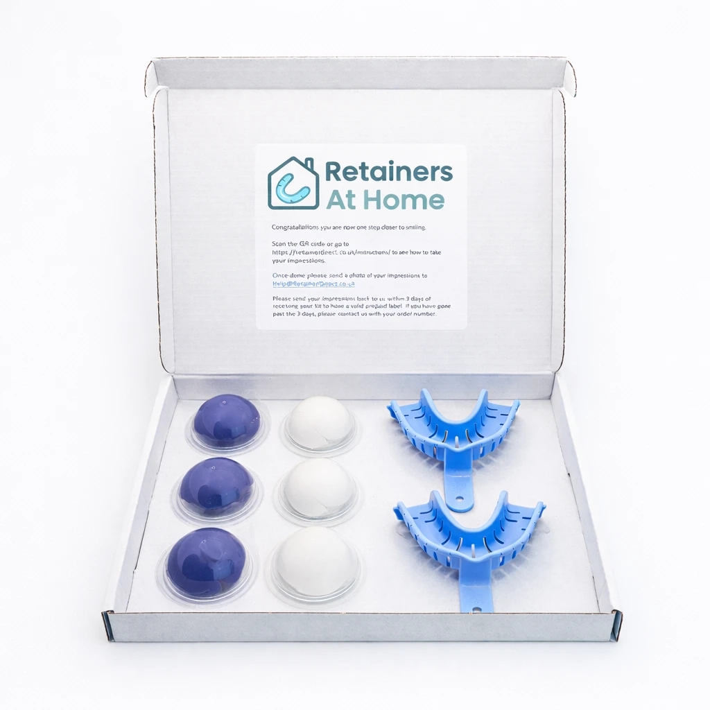 Retainers At Home dental impression kit open box showing putty, impression trays and instructions