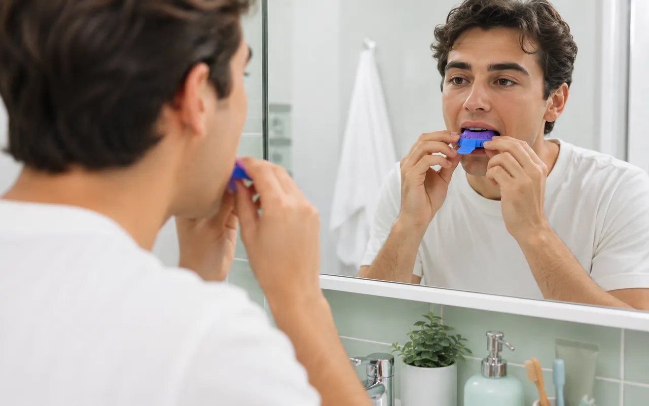 Person taking dental impressions at home without a dentist