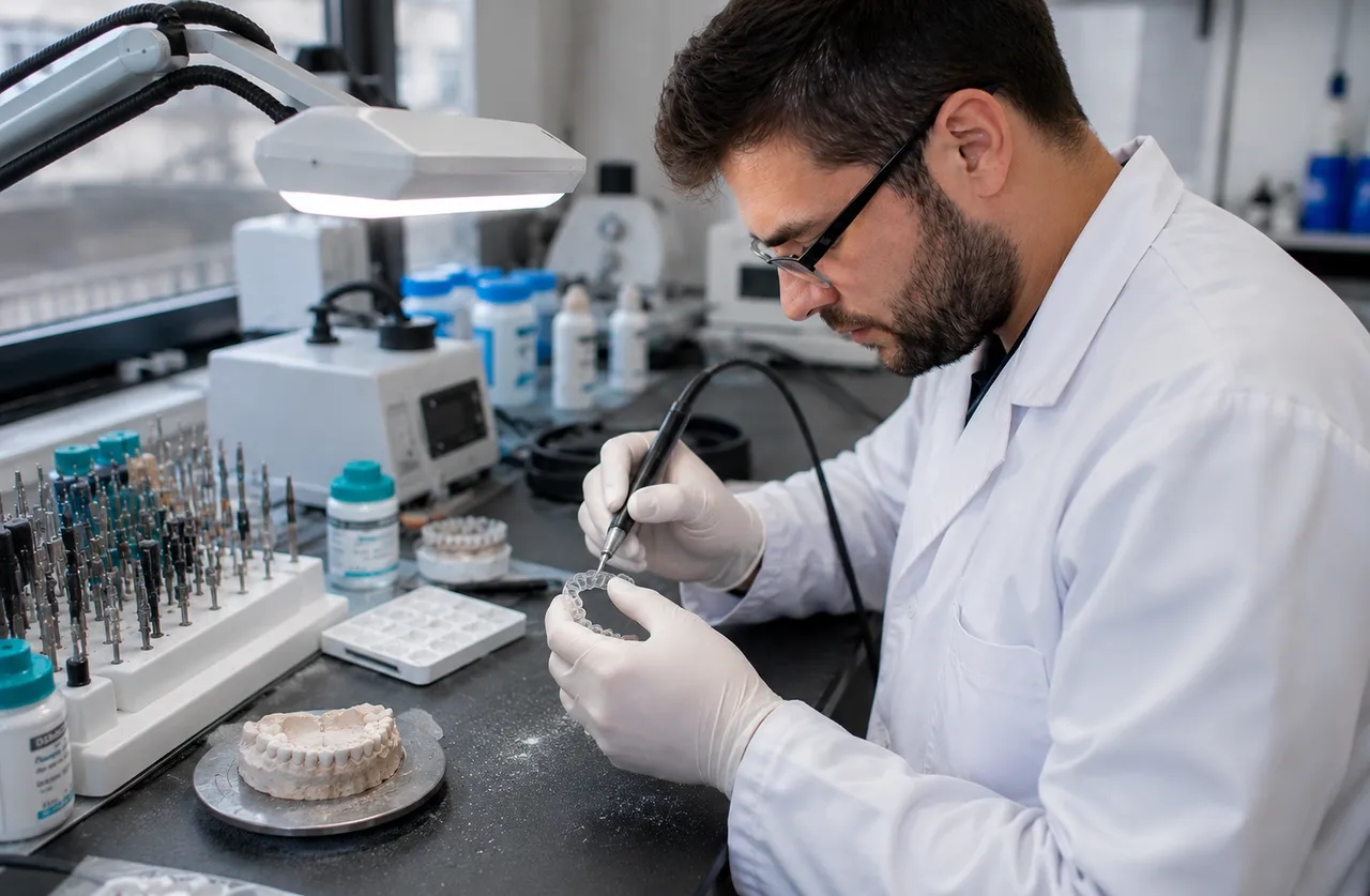 Dental technician making Essix retainers in a UK dental lab